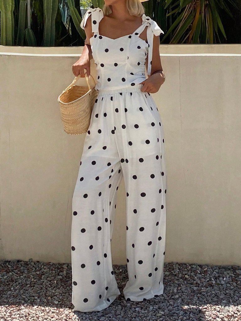 White Casual Women's Polka Dot Print Camisole Top & Loose Straight Leg Pants Set